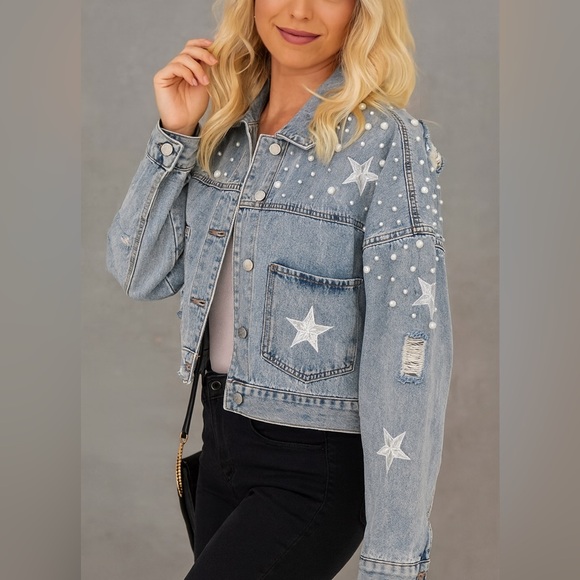 428. TREND Beaded  Denim | Star Embroidered Jacket | Pearl Embellished Jacket - Picture 1 of 2